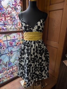 Marshalls Black & White Floral Spaghetti-Strap Dress with Yellow Sash